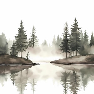 Arte mural con paisaje brumoso de lago y bosque, imágenes prediseñadas de acuarela de pinos y lago, paquete de escenas de naturaleza brumosa PNG JPG, impresión de bosque nórdico