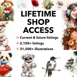 Puede incluir: Un collage de arte digital con ilustraciones de osos de peluche, un panda y flores. El texto superpuesto dice "LIFETIME SHOP ACCESS", con detalles sobre listados e ilustraciones. La imagen tiene una variedad de estilos.