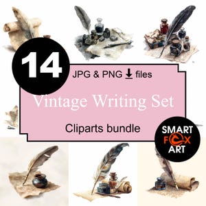 May include: A collection of vintage writing set cliparts. The image features inkwells, quills, and aged paper scrolls. The text on the image says "14 JPG & PNG files" and "Vintage Writing Set Cliparts bundle".