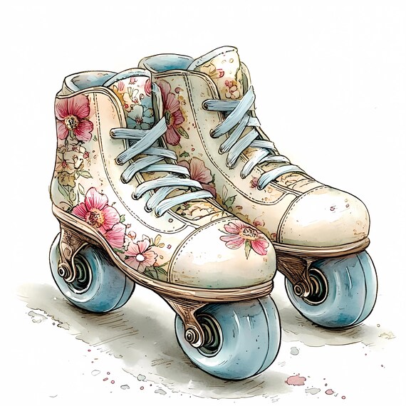 Floral Roller Skates Clipart: Shabby Chic Watercolor PNG (digital