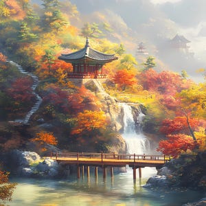 Abstrakte japanische Landschaft Clipart 8er Set, Japanische Clipart, Asien Wasserfall Berg Clipart, Abstrakte Chinesische Clipart Junk Journal