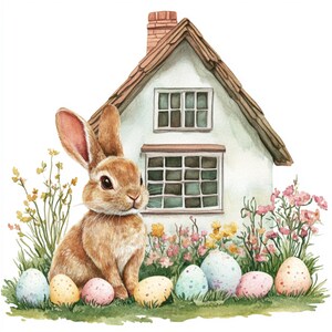 Coniglietto pasquale in un campo primaverile con uova di Pasqua e fiori primaverili clipart bundle file Png Jpg inclusi, clipart pasquali, grafica pasquale
