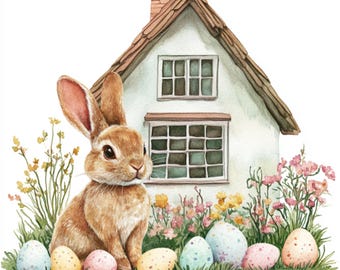 Watercolor Easter Bunny Clipart: Spring Flowers & Eggs (PNG JPG Files)