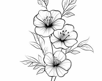 Paquete de imágenes prediseñadas de arte lineal floral: tallos de flores, diseño de tatuaje (PNG JPG)
