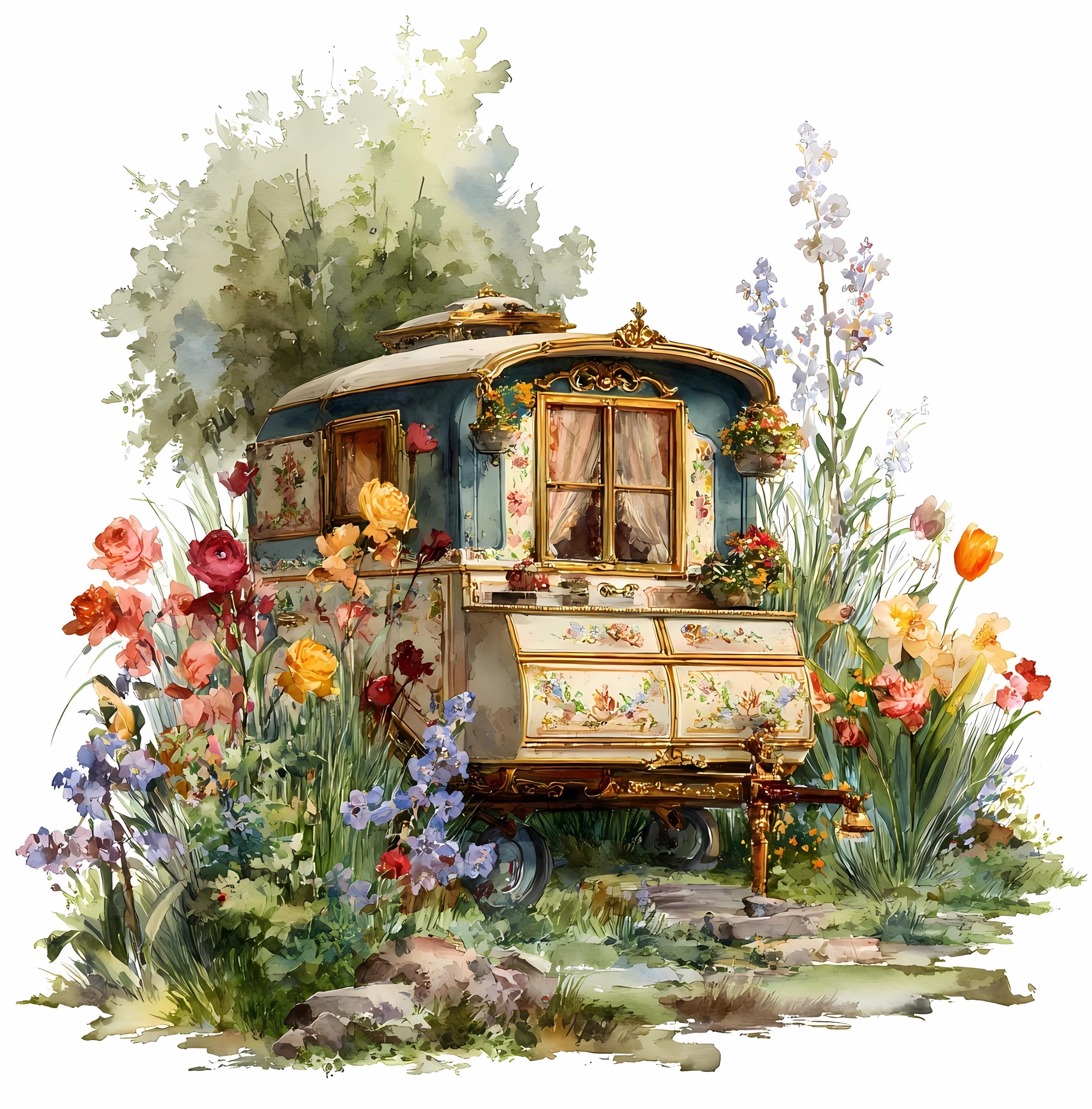 Retro Camper Watercolor Clipart Bundle: Floral Trailer Art (PNG, JPG ...