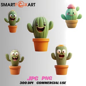 Funny Cartoon Cactus Clipart Bundle PNG JPG, Cute Kawaii Happy Cactus with Flower in Pot, Smiling Plant Characters Digital Download