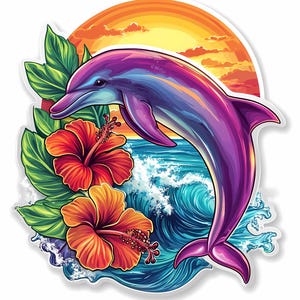 Tropischer Delphin-Sonnenuntergang-Clipart-Bündel mit Hibiskus-Blumen und Ozeanwellen, Strand-Sommer druckbare JPG, transparente PNG für Sublimation