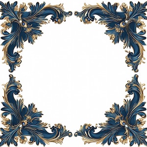 May include: Four decorative corner designs in dark blue and gold. Each corner features a swirling, leaf-like pattern with gold accents and a small, round blue gem. The designs are set against a white background.