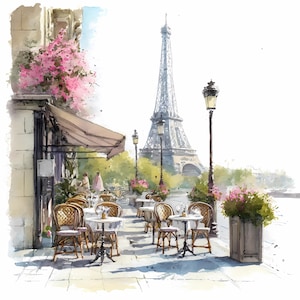 Paris Cafe Watercolor Clipart Bundle with Eiffel Tower Vintage French Street Art Printable JPG PNG Set of 13
