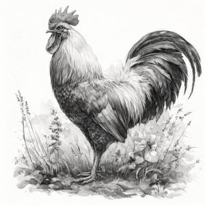 Puede incluir: Ilustración en blanco y negro de un gallo de pie en un campo de hierba y flores. El gallo tiene una cresta y una barbilla rojas prominentes, con plumas detalladas y una postura orgullosa. La obra de arte está realizada en un estilo realista.
