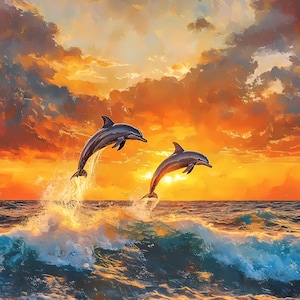 Magisches Delfin-Sonnenuntergang-Ozean-Clipart-Paket, springende Delfine über Wellen PNG JPG, lebendige Sonnenuntergang-Meerillustrationen, Delfin-Stranddekor