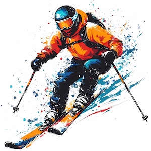 Set di 8 clipart di sci slalom, sport di sci alpino, clipart acquerello stampabili di alta qualità, JPG, download digitale, diario di carta artigianale