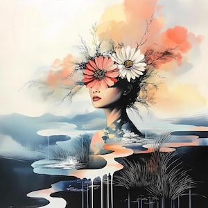 Pacote de retratos de garotas místicas com 8 ilustrações de paisagens femininas em aquarela, impressão artística de garotas sonhadoras e fantasiosas, arte de parede com retrato de mulher PNG JPG