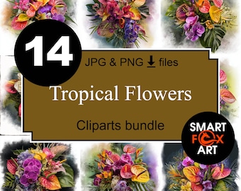 Watercolor Orchid Anthurium Flower Bouquets Set of 14: PNG JPG Clipart, Digital Download