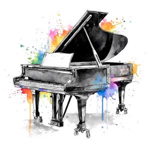 May include: A black grand piano illustration with colorful watercolor paint splashes. The piano is depicted with its lid open, revealing the keys and music stand. The artwork has a modern, artistic style.
