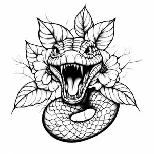 Pacote de cobra floral SVG PNG JPG, clipart de tatuagem de flores de cobra, páginas para colorir de cobra, arte de linha de cobra em preto e branco, estilo de tatuagem de cobra