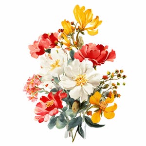 以下が含まれることがあります： 白、赤、黄色の花が描かれた、水彩画のフラワーブーケのイラスト。白い背景に、緑の葉を持つ様々な種類の花が配置されています。花びらの詳細が描かれ、写実的なスタイルで描かれています。