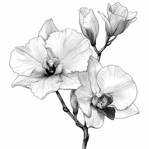 Orchid and Lily Flower Line Art Bundle Set of 13, Black and White Botanical Sketch Clipart, PNG JPG Floral Coloring Prints