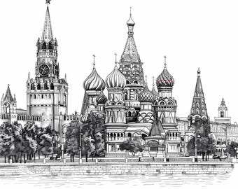Moscow Skyline Line Art Bundle Printable, Russia Cityscape Wall Art,Digital Download