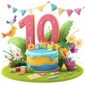 Paquete de imágenes prediseñadas de números de pastel para el décimo cumpleaños, imágenes prediseñadas de pastel, imágenes prediseñadas de dibujos animados imprimibles, PNG de alta calidad, manualidades de papel, diario basura