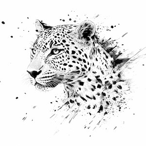 May include: Black and white illustration of a leopard's head with a splatter paint background.