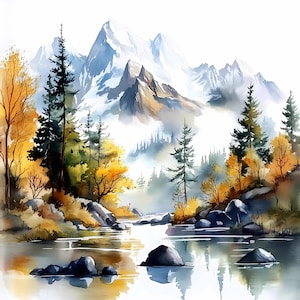 Paquete de imágenes prediseñadas de paisajes de montaña en acuarela, paisajes otoñales de lago y bosque, impresiones PNG JPG de naturaleza, arte mural DIY, scrapbooking, sublimación