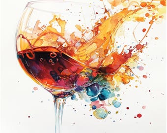 Clipart aquarelle verre à vin : éclaboussures de vin rouge, téléchargement numérique