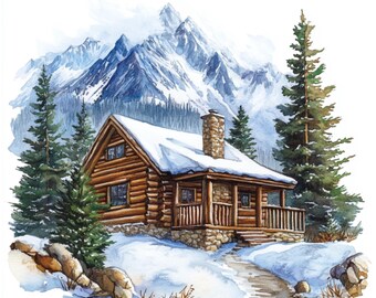 Winter Mountain Landscape Clipart,Watercolor Nature PNG ,Digital Download,35