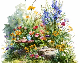 Watercolor Tea Party Clipart Set: Vintage Floral Garden, Digital Download JPG & PNG, Commercial Use