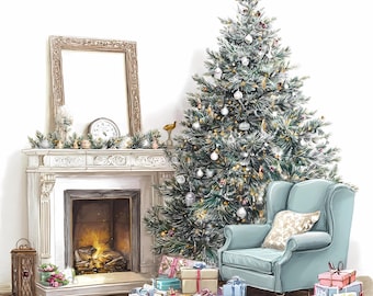 Christmas Fireplace Clipart Set Winter Tree Gifts Holiday Interior Watercolor Bundle, 1667