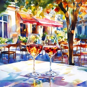 Decorazione murale con bicchieri di vino romantici in stile street cafe, scena di caffè europeo ad acquerello con vino rosso, arte digitale stampabile per gli amanti del vino
