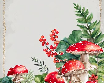 Pacchetto di clipart di funghi vintage: illustrazioni di funghi della foresta ad acquerello in formato JPG e PNG, 1361