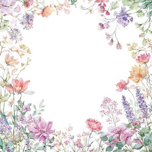 May include: Watercolor floral arrangement featuring a variety of flowers in shades of pink, purple, yellow, and orange. The flowers are arranged in a circular pattern against a white background, creating a delicate and artistic design.