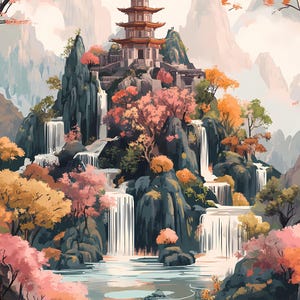 Japanische Landschaft Clipart Set von 8, japanische Clipart, Asien Wasserfall Berg Clipart, abstrakte chinesische Clipart, hochwertige Junk Journal