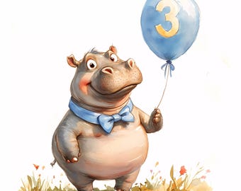 Watercolor 3rd Birthday Animal Clipart: Blue Balloon PNGs (Digital Download)