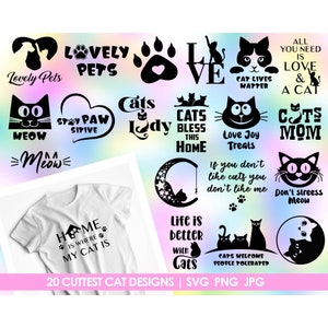 Paquete SVG de gato, lindas citas de gatos PNG, maullido SVG, huella de gato svg, adorables mascotas svg, pegatinas de gatos negros, archivo de corte de gato Cricut, regalo para amantes de los gatos