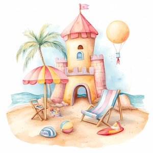 8 Beach Sandcastle Clipart, Zamek z kreskówek, Wydrukowalne cliparty akwarelowe, Wysokiej jakości pliki PNG, Pobieranie cyfrowe, Rękodzieło papierowe, Dzienniki śmieci