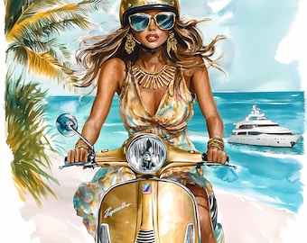 Scooter Girl Watercolor Clipart Set of 12: Summer PNG Set, Digital Download, 738