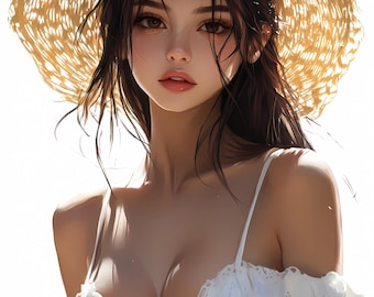 Anime Summer Girl Illustration PNG, Straw Hat Character,Digital Art