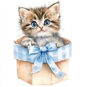 Joli chaton aquarelle dans une boîte cadeau avec des cliparts de ruban bleu pour la sublimation, 10 décorations de baby shower, art mural pour chambre d'enfant, bricolage numérique imprimable