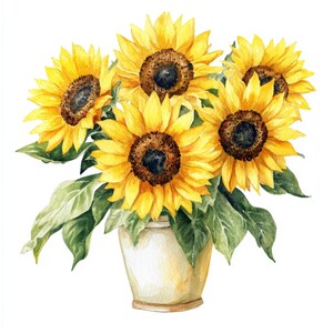 May include: A bouquet of yellow sunflowers with brown centres in a white ceramic vase. The sunflowers are arranged in a vase with green leaves.