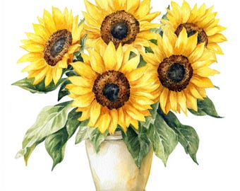 Watercolor Sunflowers Clipart: Vase Floral PNG Bundle (Digital Download)