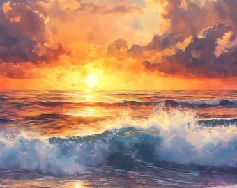 Sonnenuntergang am Meer – Aquarellgemälde: Strandlandschaft als Wandbild, digitaler Download, PNG- und JPG-Dateien, 839