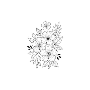 以下が含まれることがあります： 花、葉、つぼみの集まりを描いた白黒の花のイラスト。デザインには、詳細な花びらを持ついくつかの開いた花が含まれており、さまざまなサイズの葉と小さなつぼみが繊細な線画スタイルで表現されています。