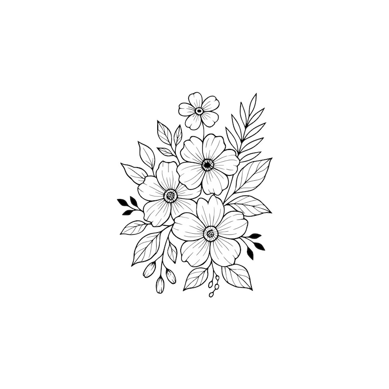 以下が含まれることがあります： 花、葉、つぼみの集まりを描いた白黒の花のイラスト。デザインには、詳細な花びらを持ついくつかの開いた花が含まれており、さまざまなサイズの葉と小さなつぼみが繊細な線画スタイルで表現されています。