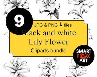 Lily Flowers Line Art Clipart Bundle PNGs, Floral Lily PNGs, Wedding flowers clipart, Lily Flowers line art, Lilies Black White Wall Art