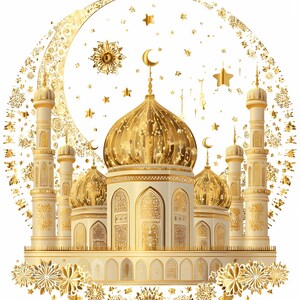 High-quality golden mosque illustration with ornate crescent moon and floral decorations, perfect for Eid Mubarak or Islamic holiday celebrations, featuring detailed domes, minarets and luxury floral elements. Ideal for greeting cards, wall art, DIY projects and printable decorations in Islamic cultural themes. Includes PNG with transparent background and JPG formats for easy use in crafts, sublimation, scrapbooking, digital invitations, and festive design projects.
