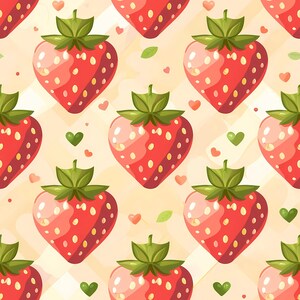Decorative strawberry surface pattern with bright red berries, soft shadows, and gentle pastel tones forming a continuous repeating design that evokes summer freshness, suitable for wallpaper art, kitchen textiles, handmade crafts, gift wrap designs, scrapbook layouts, children products, stationery collections, and creative branding focused on fruit, sweetness, and cozy seasonal aesthetics.