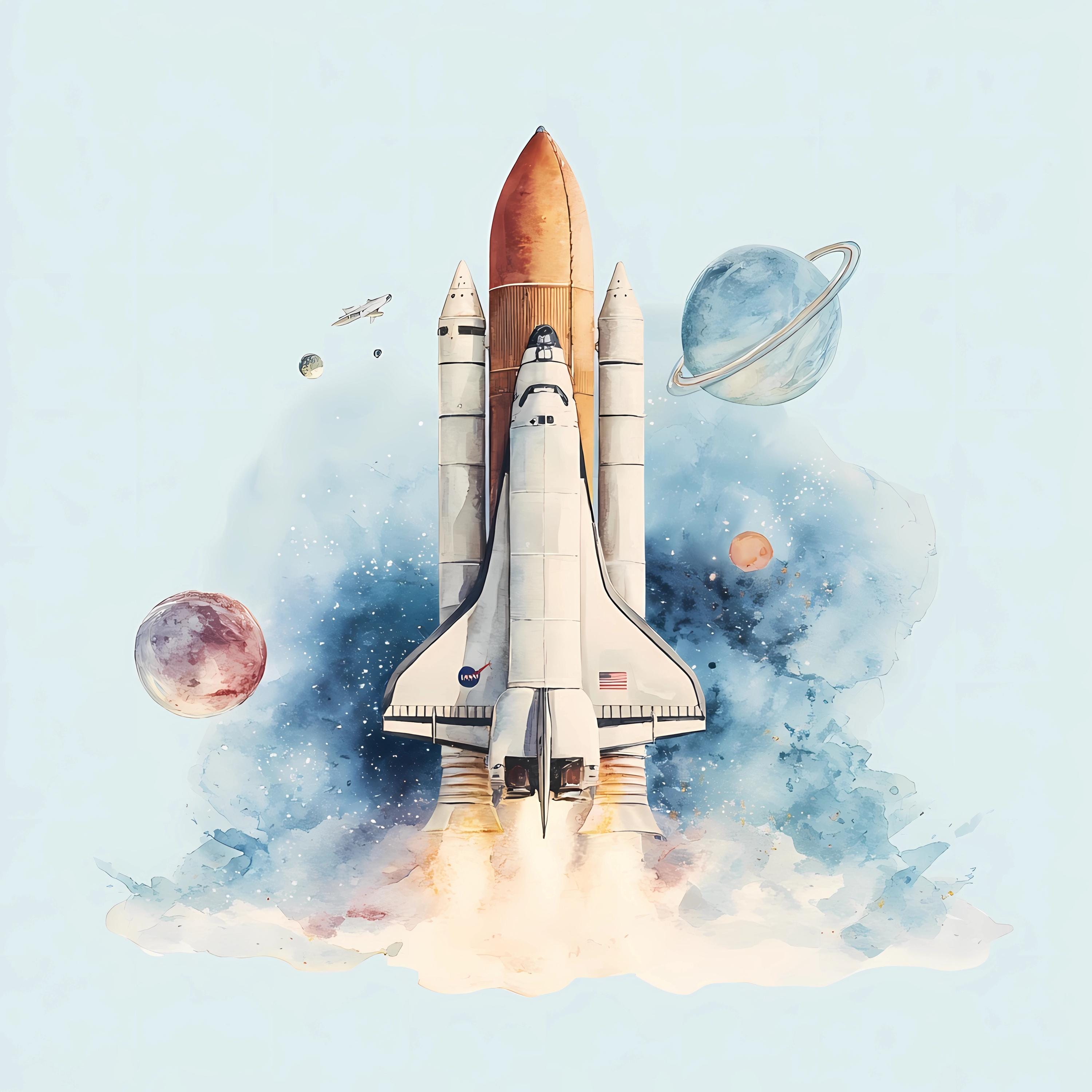 Watercolor Space Shuttle Art Bundle: Rocket Launch, Cosmic Sky, Digital ...
