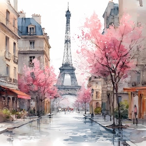 May include: Watercolor painting of a Parisian street scene featuring the Eiffel Tower. Pink flowering trees line the street, with buildings on either side. The street is wet, reflecting the sky and buildings.